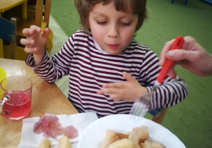 Olaf częstuje się owocami z kompotu