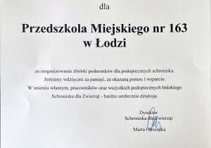 Podziękowanie dla PM 163 za zorganizowanie zbiórki podarunków dla psów i kotów - mieszkańców Schroniska dla zwierząt przy ul. Marmurowej w Łodzi