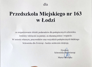 Podziękowanie ze Schroniska dla zwierząt