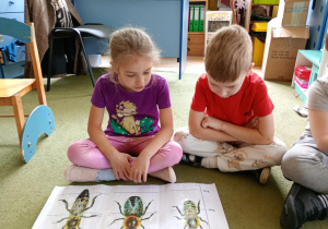 Chłopiec i dziewczynka oglądają ilustrację przedstawiającą: królową matkę, trutnia i robotnicę
