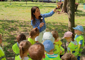 Nauczycielka pokazuje przedszkolakom kolejne etapy rozwojowe mniszka lekarskiego