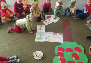 Dzieci układają historyjkę obrazkową "Od nasionka do jabłka"
