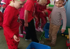 Dzieci segregują piłeczki-pomidory na zielone i czerwone