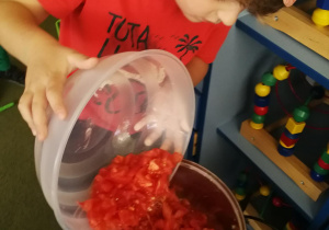 Gabryś wsypuje pokrojone pomidory do garnka