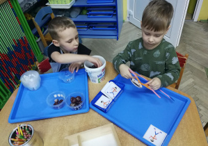 Jasio i Antoś pracują na materiałach rozwojowych Montessori: "Miseczki i kasztany", "Ćwiczący chłopiec"
