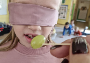 Dziecko zgaduje jaki to owoc lub warzywo za pomocą zmysłu smaku