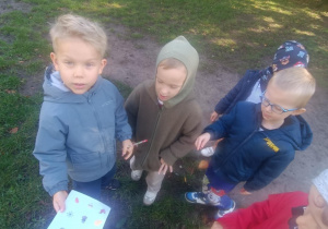 Chłopcy z biedronek wypełniają kartę zaobserwowanych skarbów jesieni