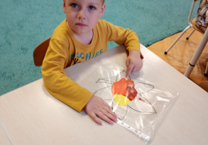 Jaś siedzi przy stoilku w żółtej bliuzce. Na stoliku lezy folia, w ktrej jest farba. Na folii narysowany ejst kontur liścia.