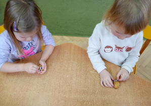 Dziewczynki tworzą jeżyki z ziemniaków i wykałaczek