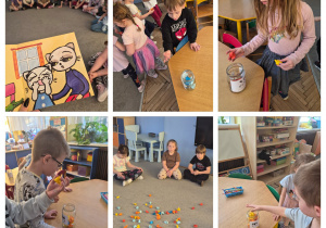 Czytanie książki i zabawa z kolorami wrzucanymi do odpowiednich słoików