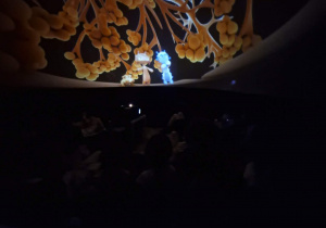 Dzieci oglądają film edukacyjny w mobilnym planetarium