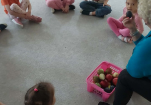 nauczyciel opowiada o owocach, w ręku trzyma śliwkę