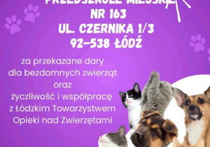 Plakat z podziękowaniami dla naszego przedszkola, za zorganizowaną zbiórkę i przekazane dary.